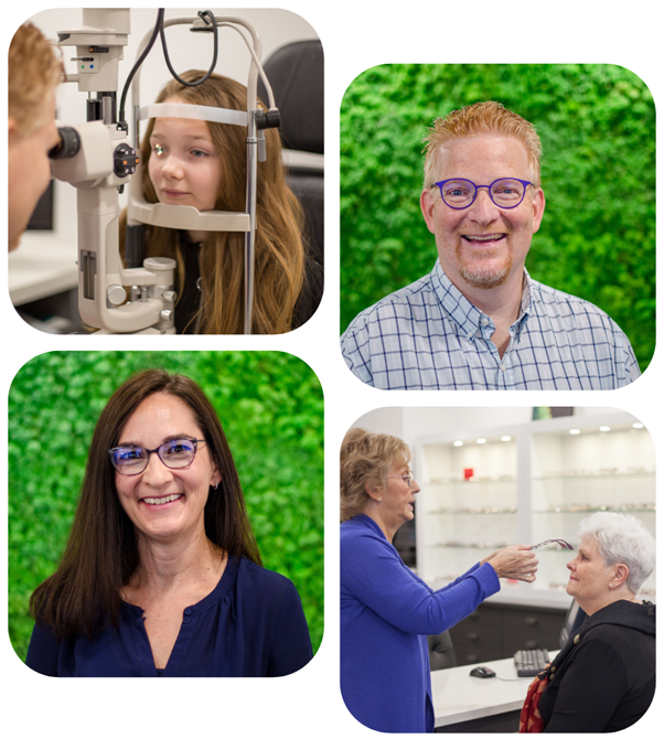 Children's eye exam, Dr. Holtom, Dr. Kindopp and client trying on eyeglasses at The Eye Studio in Red Deer.